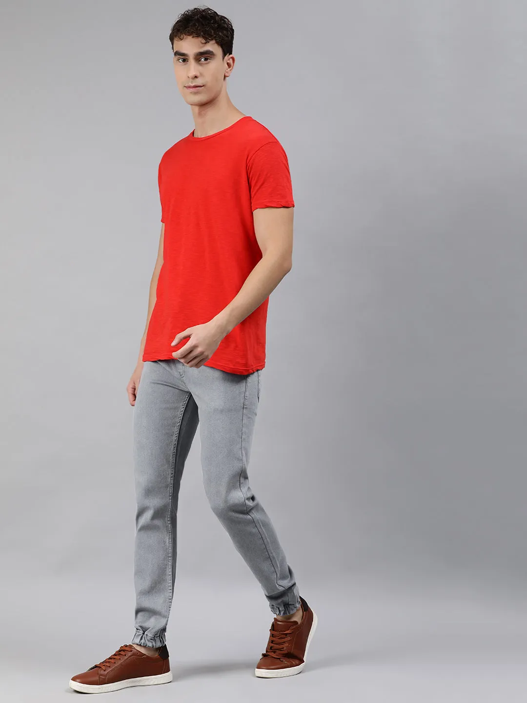 Men's Light Grey Slim Fit Washed Jogger Jeans Stretchable