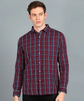 Men's Maroon, Blue Cotton Full Sleeve Slim Fit Casual Checkered Shirt