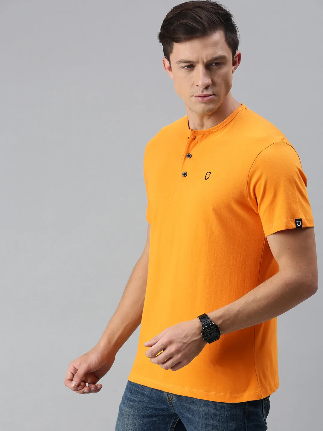 Men's Mustard Solid Henley Neck Slim Fit Cotton T-Shirt