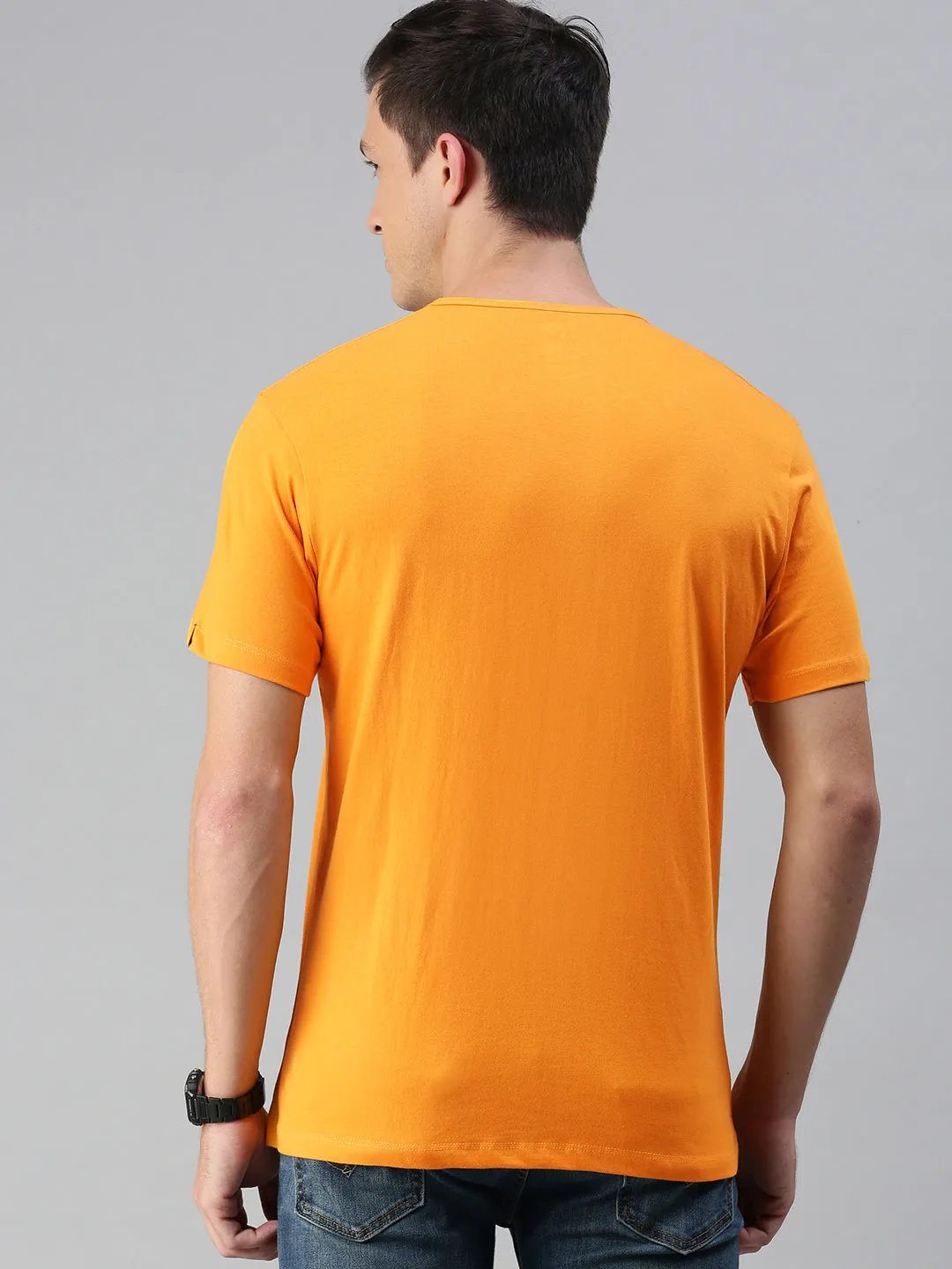 Men's Mustard Solid Henley Neck Slim Fit Cotton T-Shirt