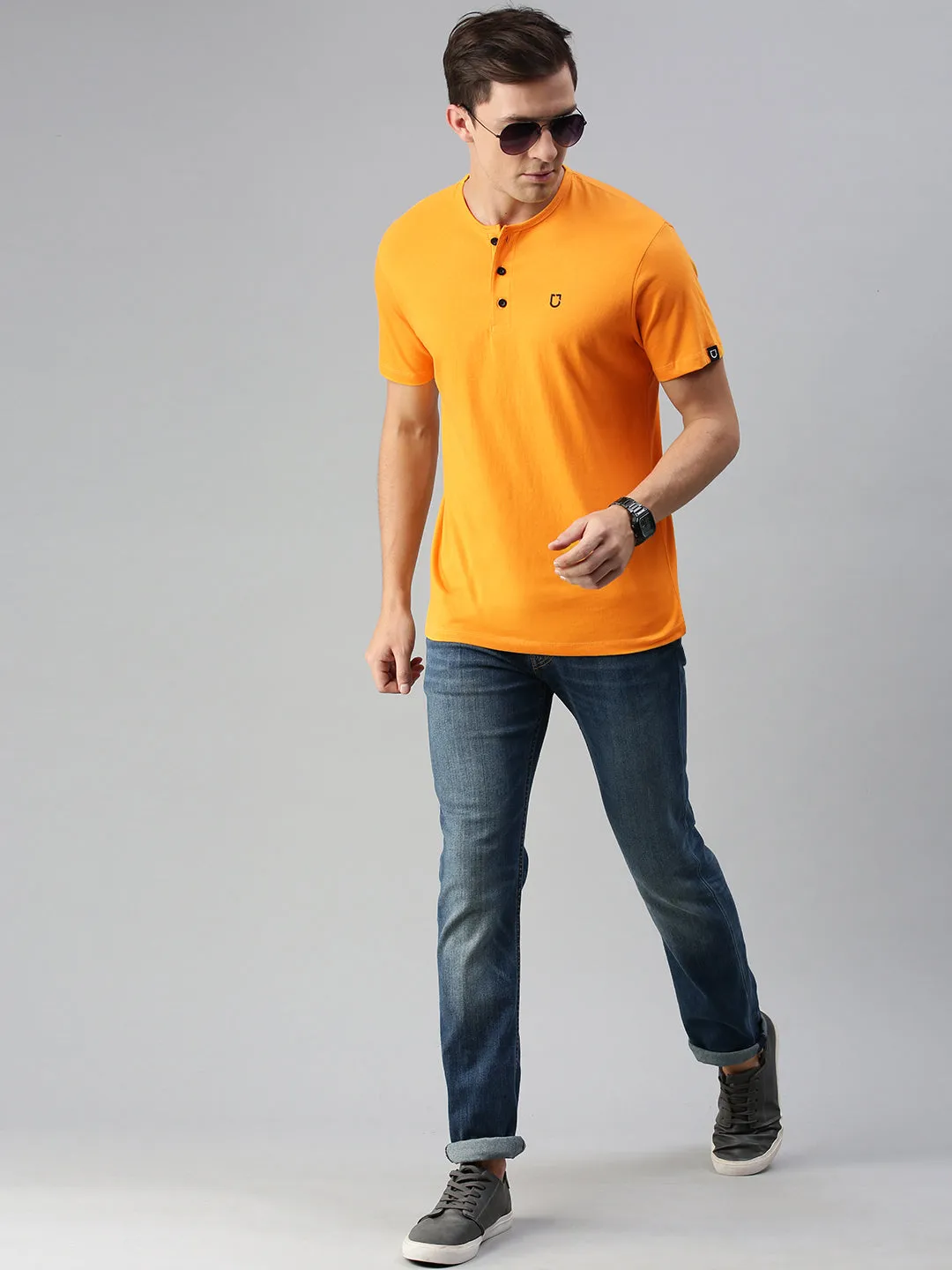 Men's Mustard Solid Henley Neck Slim Fit Cotton T-Shirt