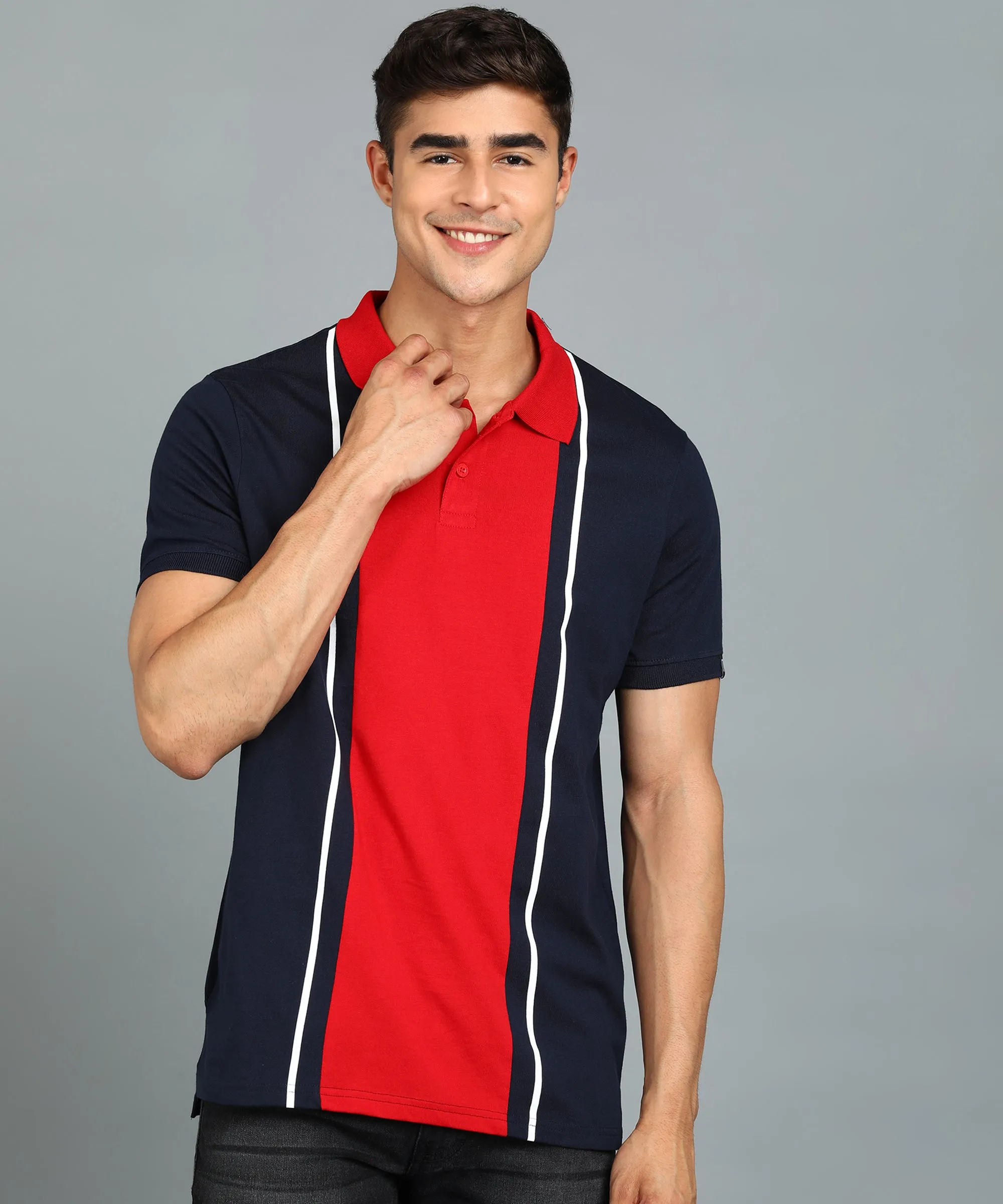 Men's Navy Blue, Red, White Colour-Block Slim Fit Half Sleeve Cotton Polo T-Shirt