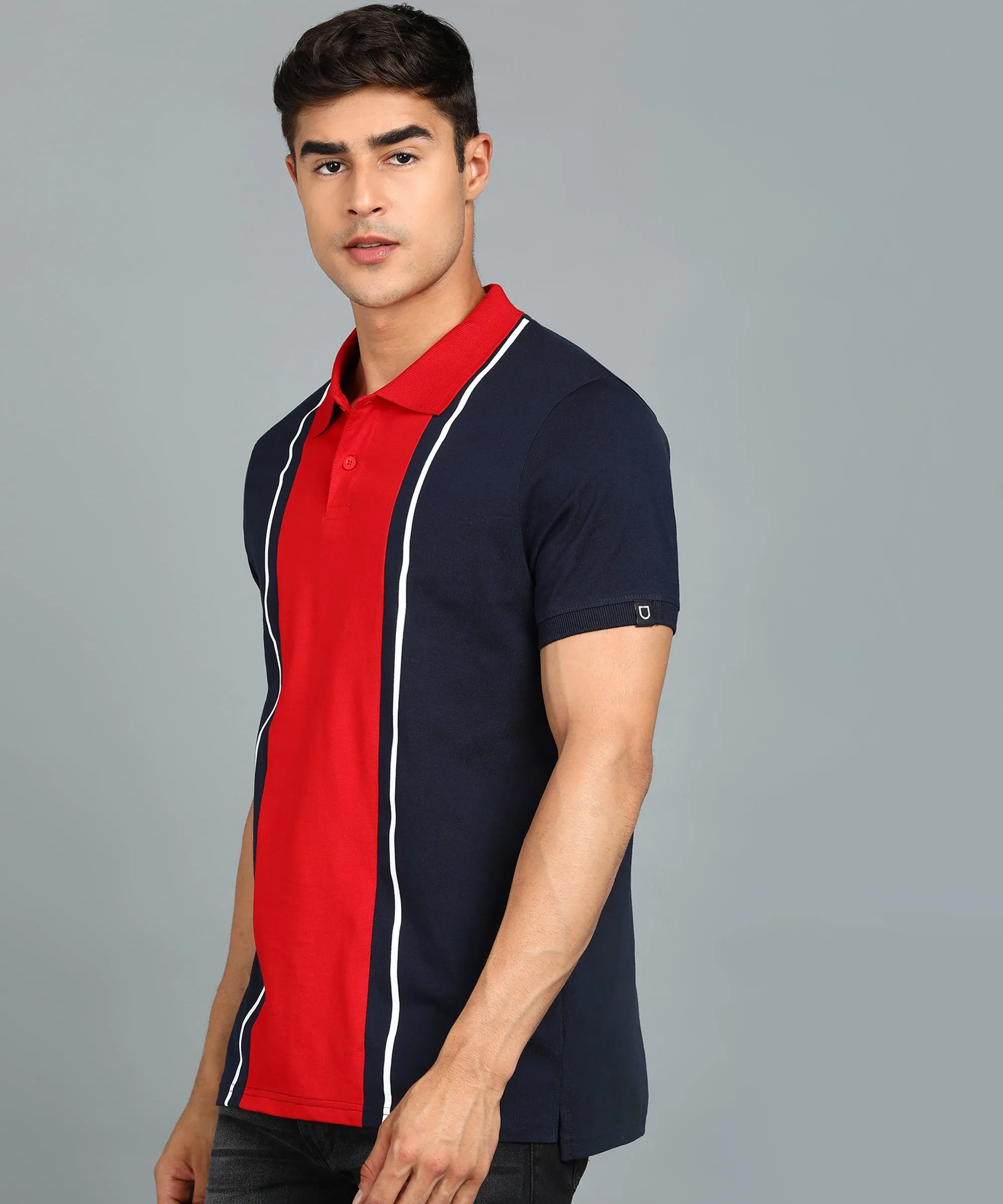 Men's Navy Blue, Red, White Colour-Block Slim Fit Half Sleeve Cotton Polo T-Shirt