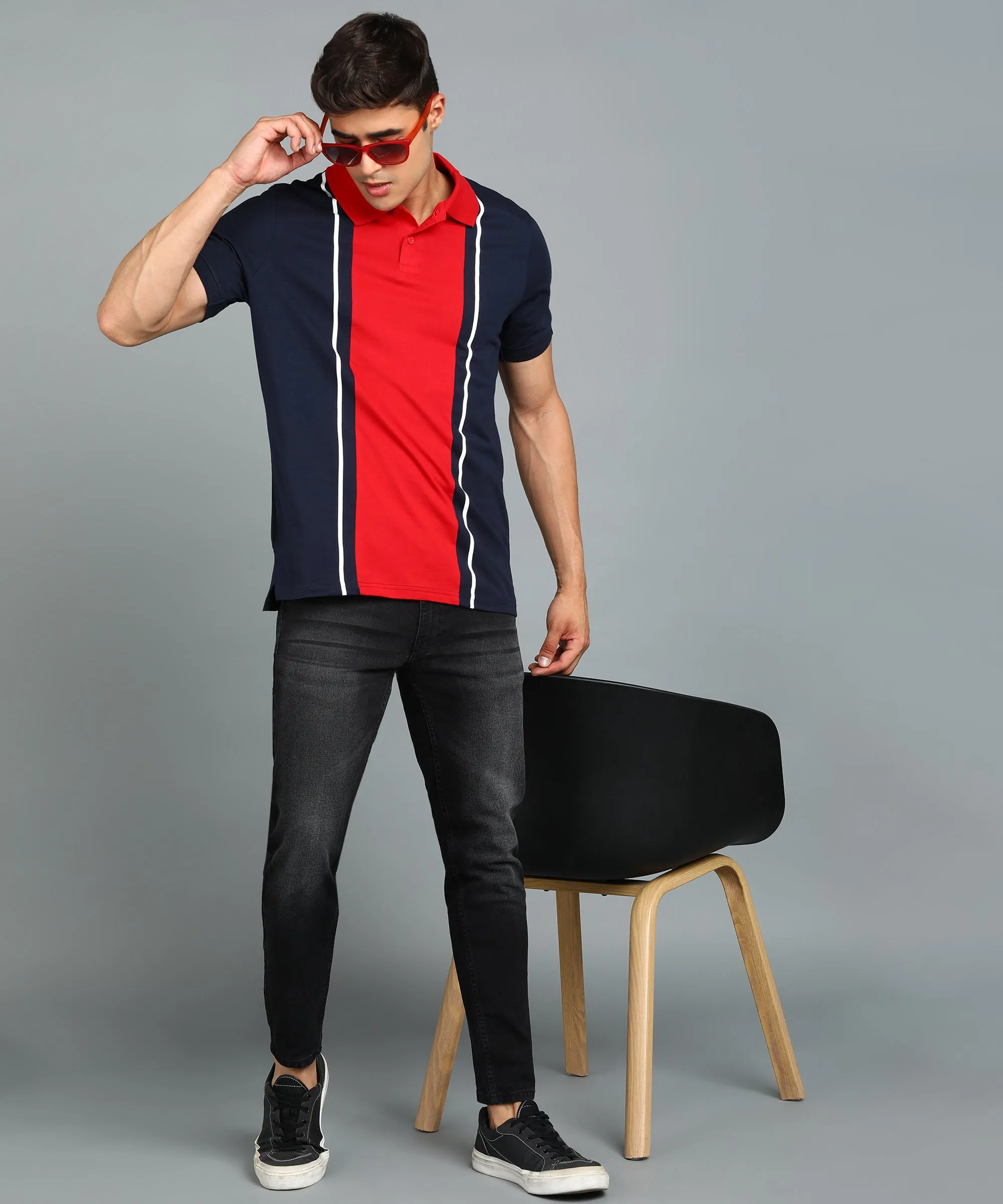 Men's Navy Blue, Red, White Colour-Block Slim Fit Half Sleeve Cotton Polo T-Shirt