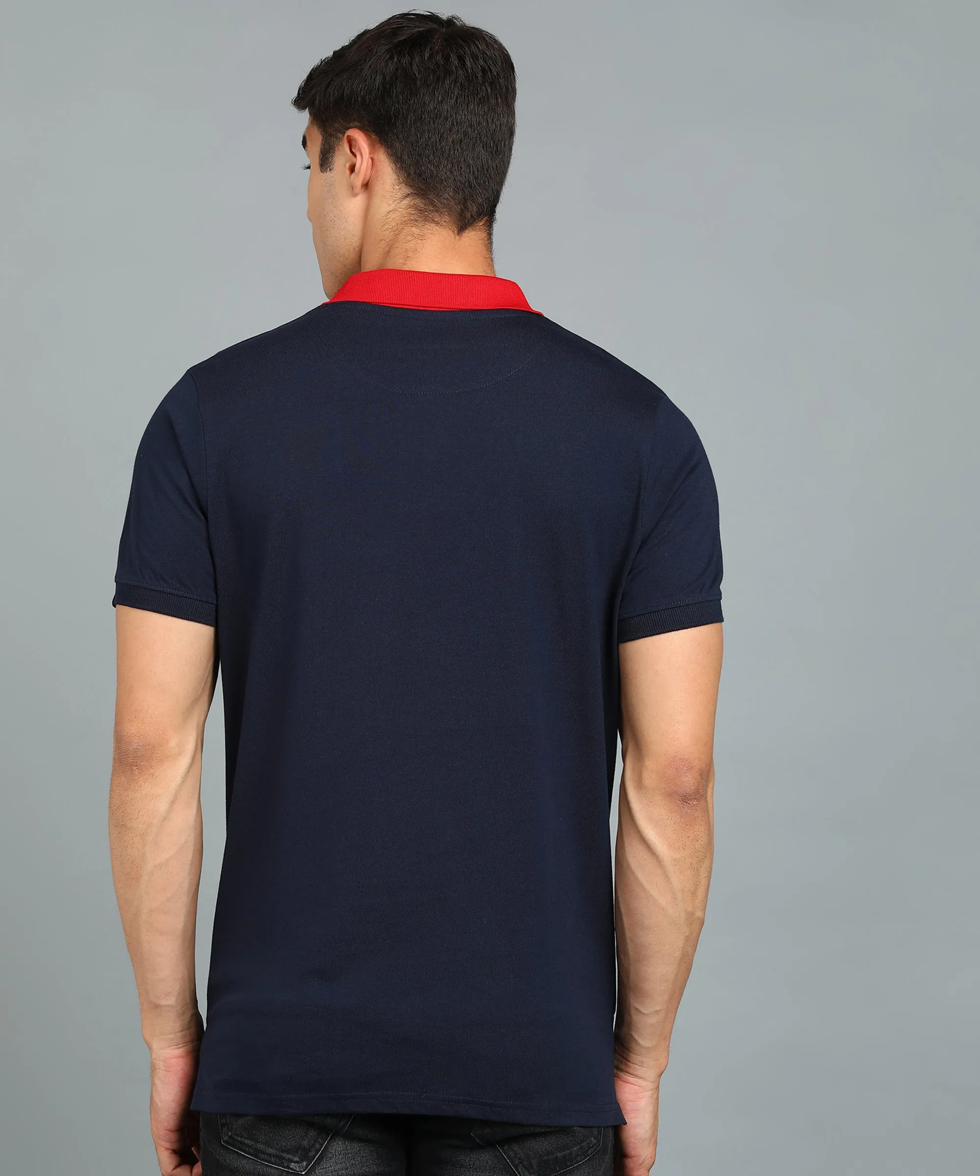 Men's Navy Blue, Red, White Colour-Block Slim Fit Half Sleeve Cotton Polo T-Shirt