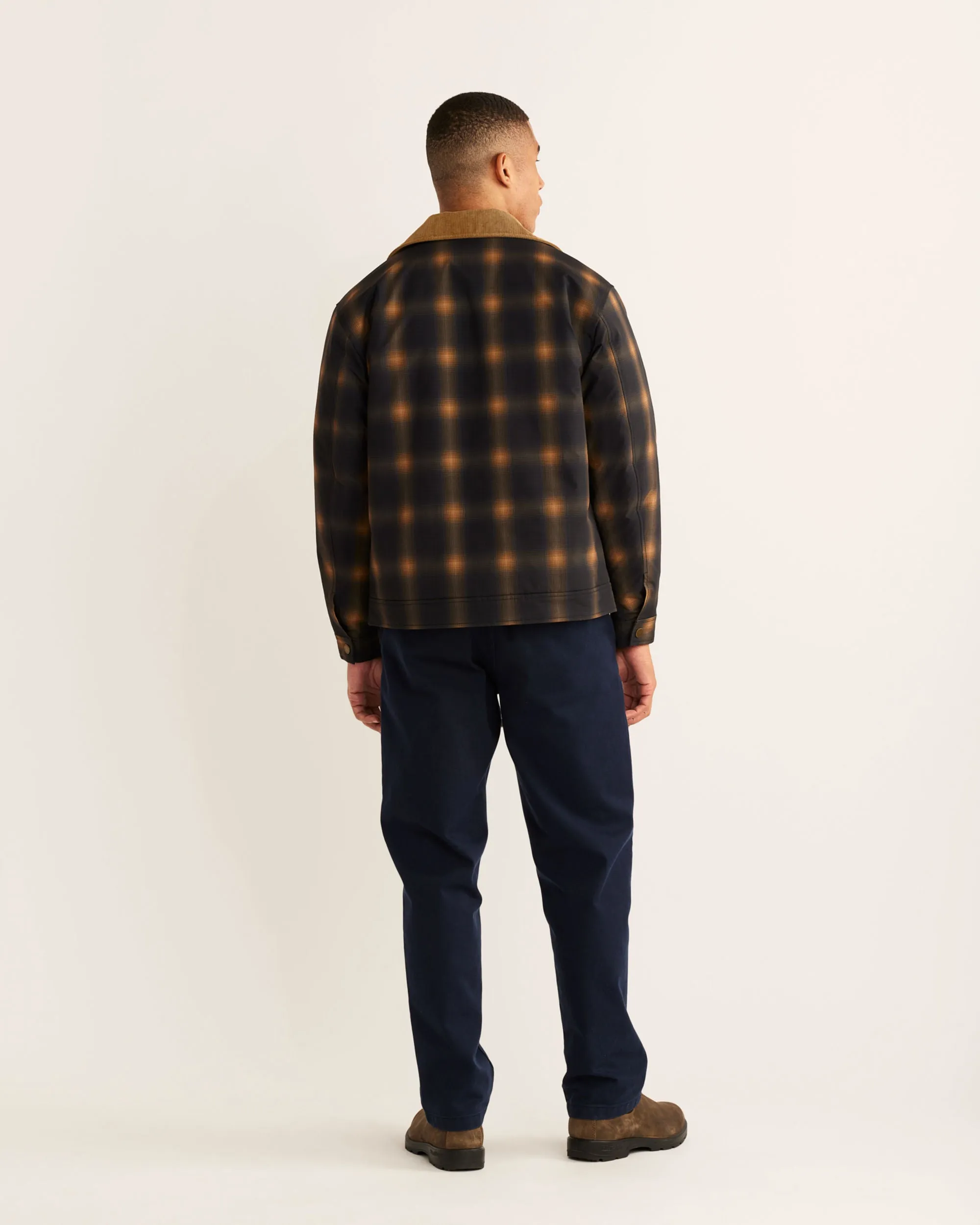 Mens Pendleton Pedro Stadium Trucker Jacket in Navy and Gold Plaid – Stylish and Versatile Outerwear