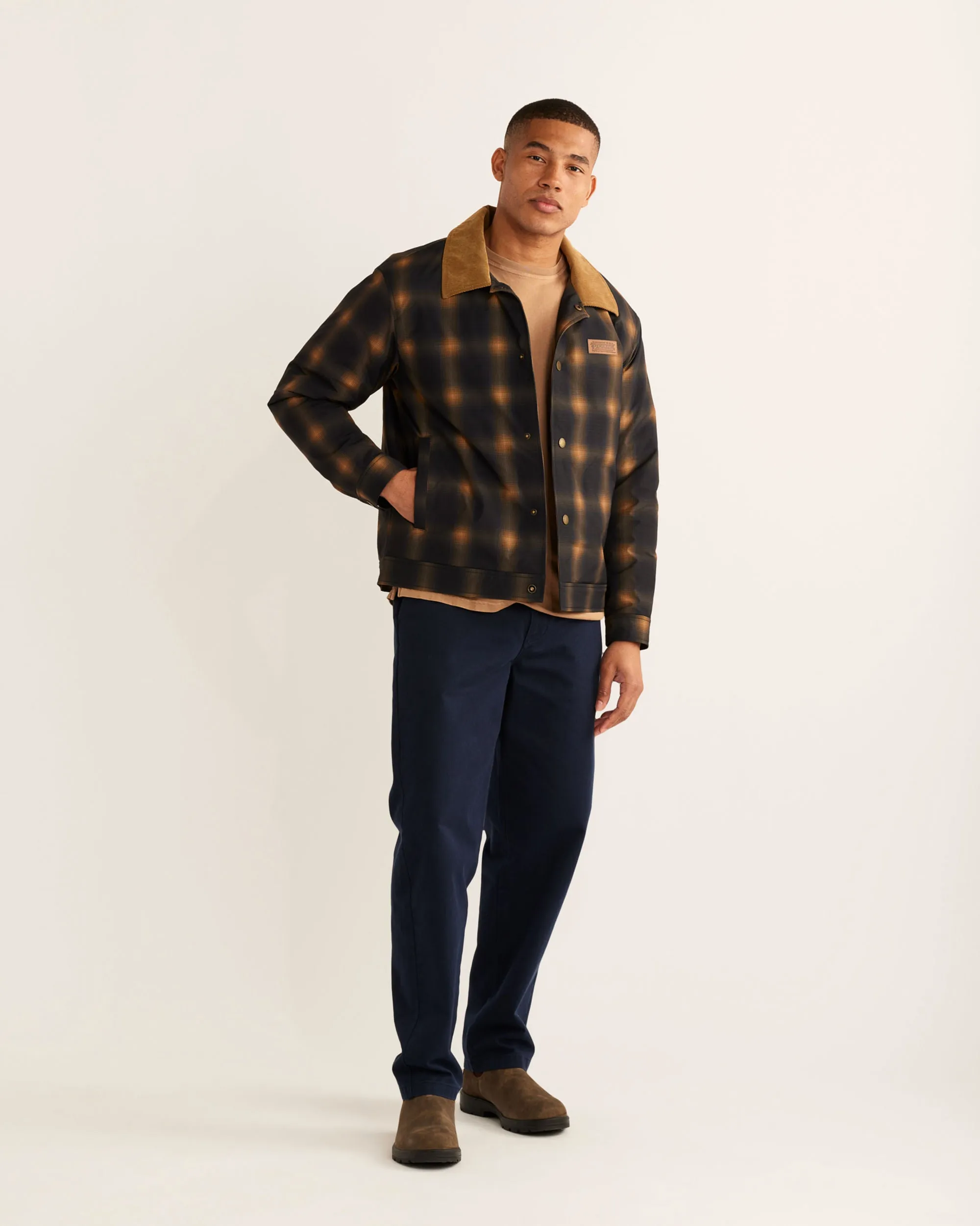 Mens Pendleton Pedro Stadium Trucker Jacket in Navy and Gold Plaid – Stylish and Versatile Outerwear