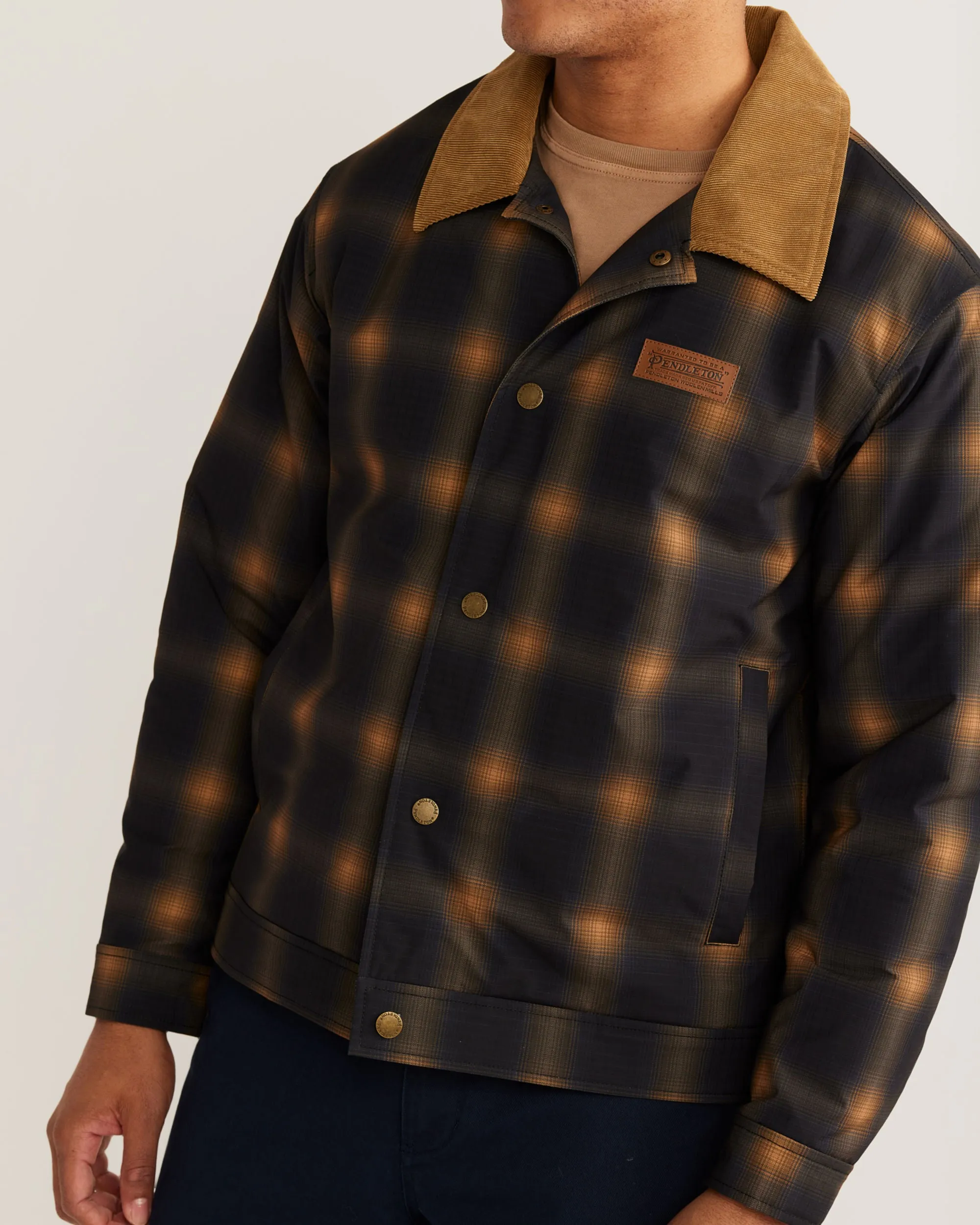 Mens Pendleton Pedro Stadium Trucker Jacket in Navy and Gold Plaid – Stylish and Versatile Outerwear