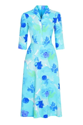 Midi Length A-Line, 3/4 Sleeve Dress in Turquoise/Blue Cloqué Silk Print - Naomi