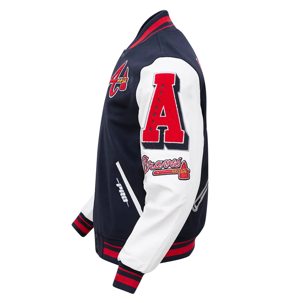 Mens Midnight Navy and Red Rib Wool Varsity Jacket - MLB Atlanta Braves Mashup