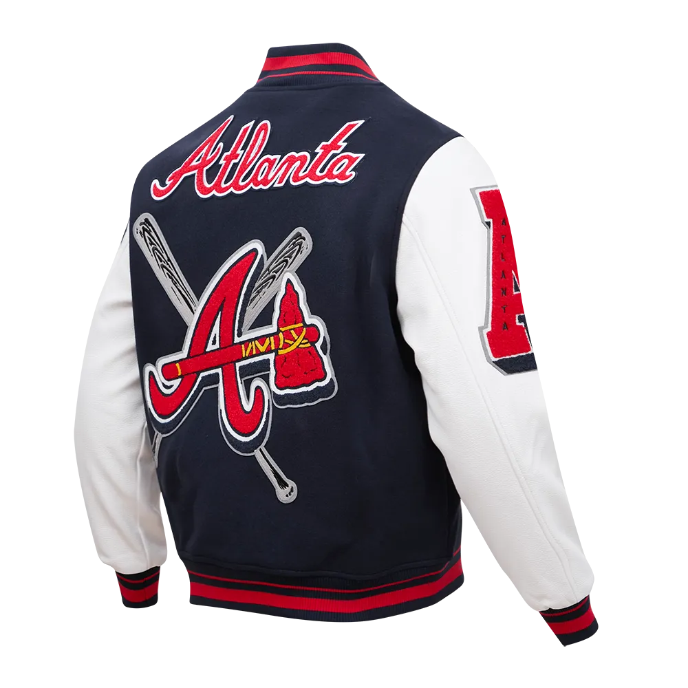 Mens Midnight Navy and Red Rib Wool Varsity Jacket - MLB Atlanta Braves Mashup