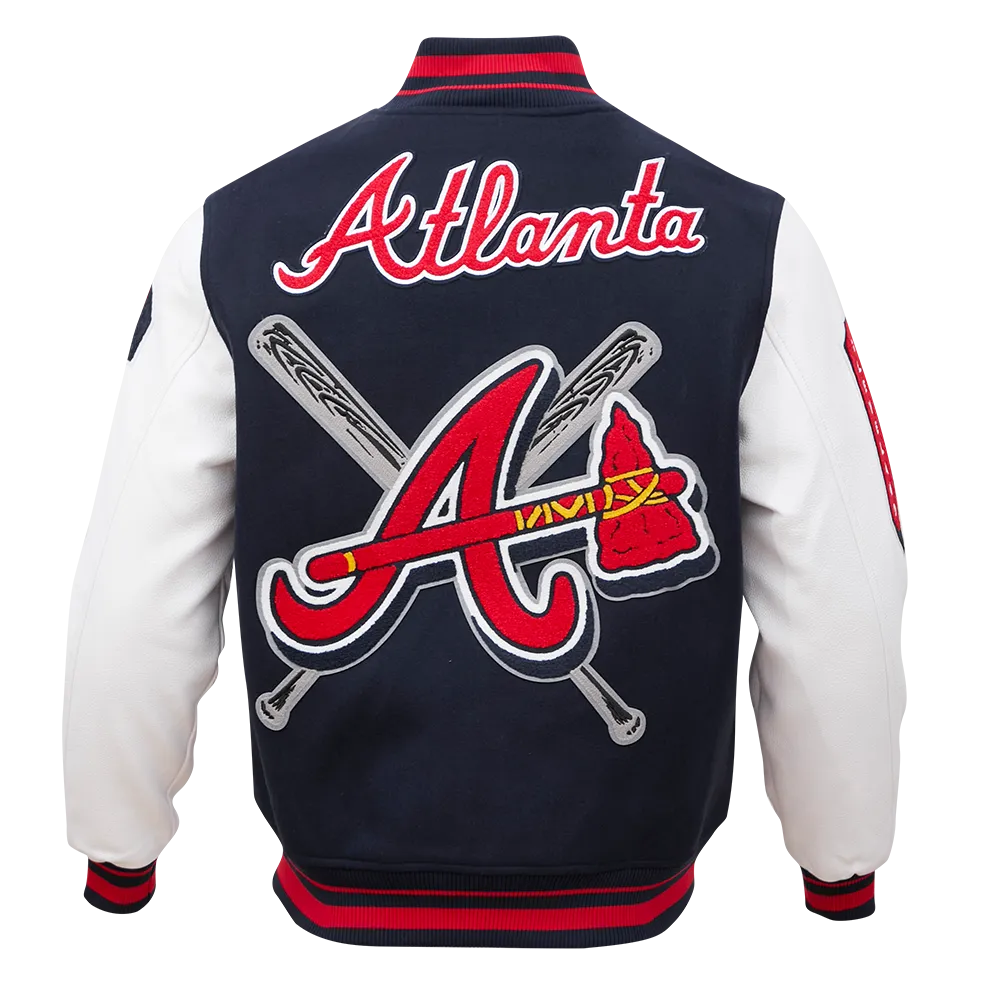 Mens Midnight Navy and Red Rib Wool Varsity Jacket - MLB Atlanta Braves Mashup