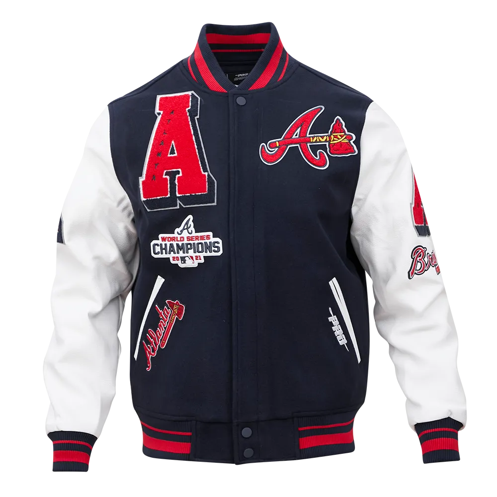 Mens Midnight Navy and Red Rib Wool Varsity Jacket - MLB Atlanta Braves Mashup