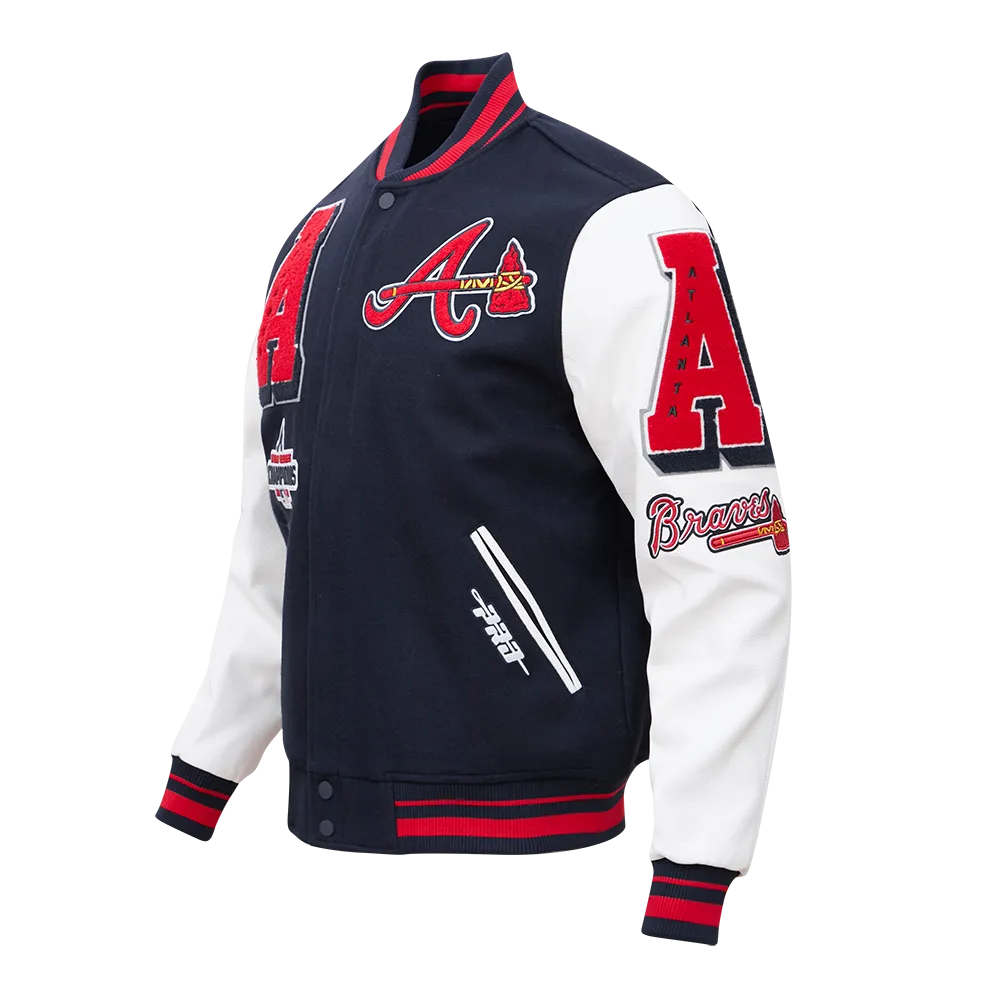 Mens Midnight Navy and Red Rib Wool Varsity Jacket - MLB Atlanta Braves Mashup