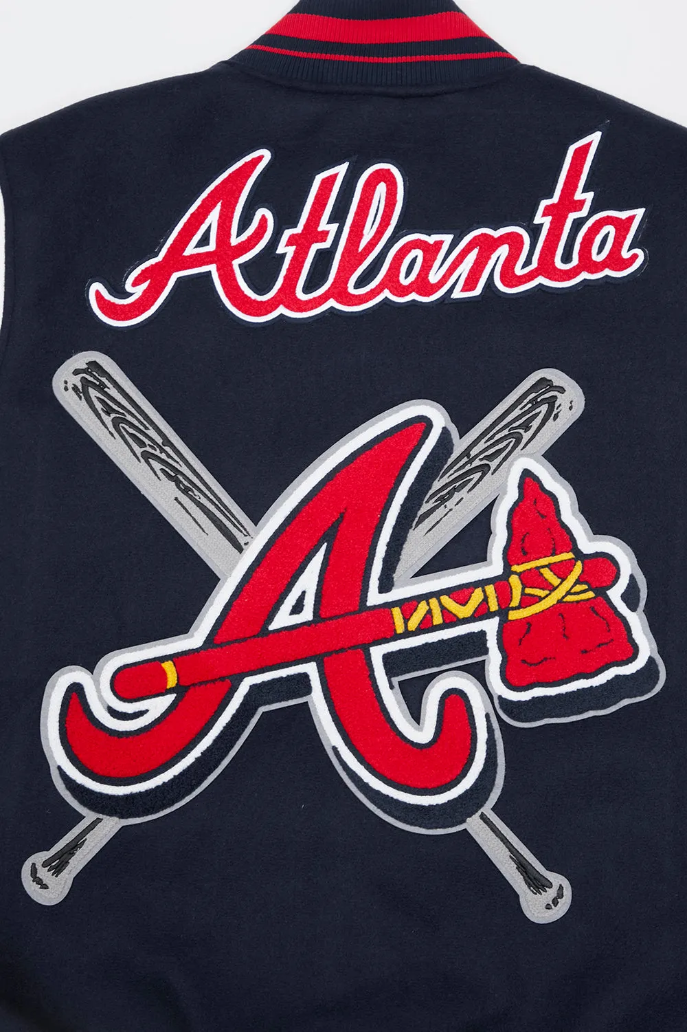 Mens Midnight Navy and Red Rib Wool Varsity Jacket - MLB Atlanta Braves Mashup