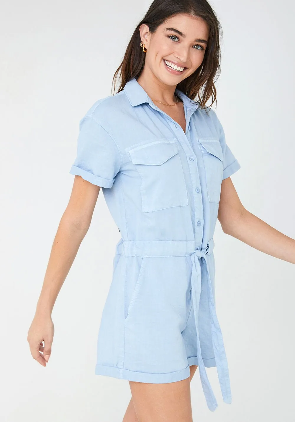 Short Sleeve Button Front Romper - Ocean Tide