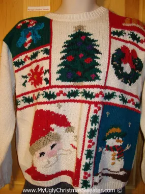 Tacky Christmas Sweater Party Ugly Sweater with 80s Style Grid Pattern of Horrid Decorations (f801)