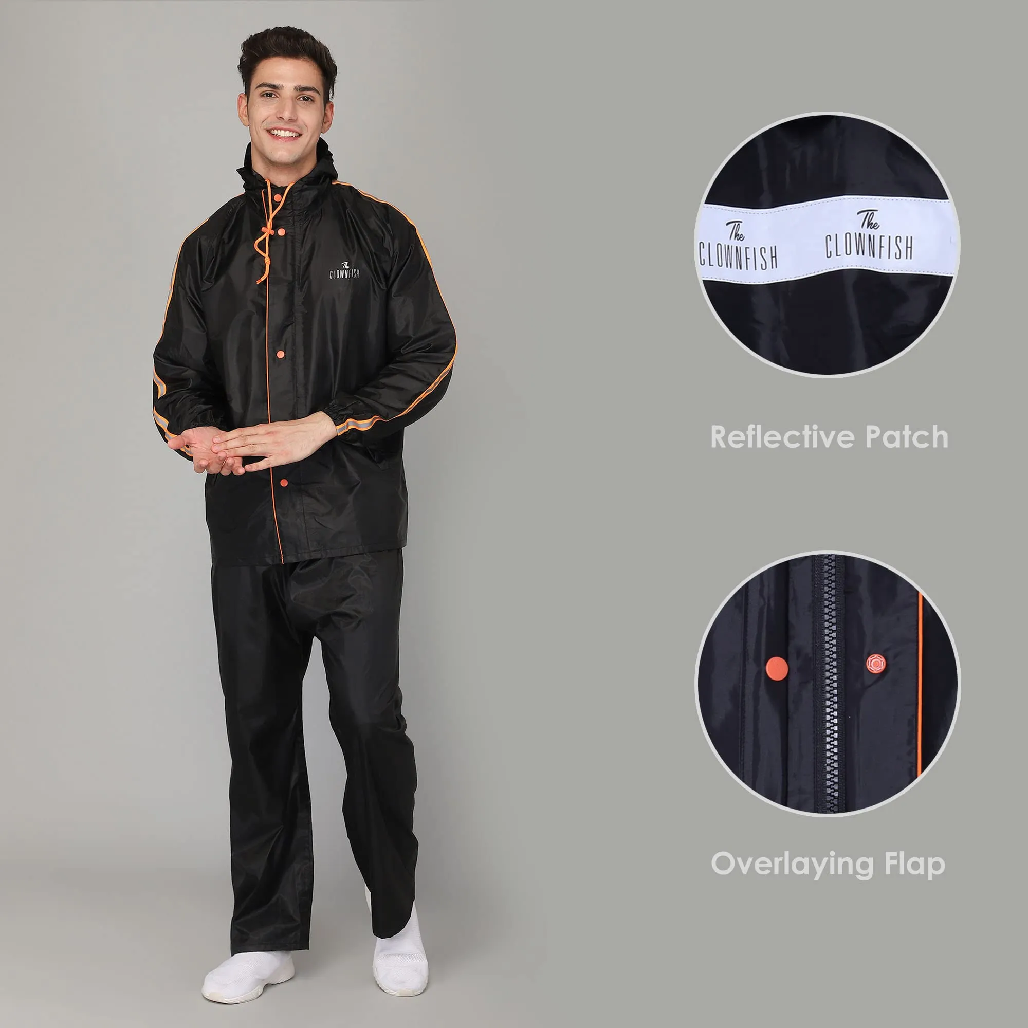 THE CLOWNFISH Bruce Series Men's Waterproof Polyester Raincoat with Hood and Reflector Logo at Back for Night Travelling. Set of Top and Bottom. Printed Plastic Pouch with Rope (Black, XX-Large)