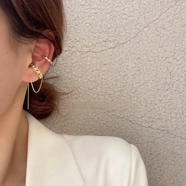 VKME Korean Pearls Gold Chains Clip Earrings  For Women Trendy Chain Tassel Earring Butterfly Geometry Ear Cuff 2021 Jewelry