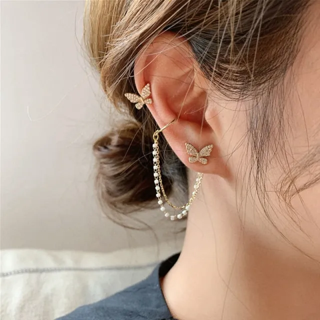 VKME Korean Pearls Gold Chains Clip Earrings  For Women Trendy Chain Tassel Earring Butterfly Geometry Ear Cuff 2021 Jewelry