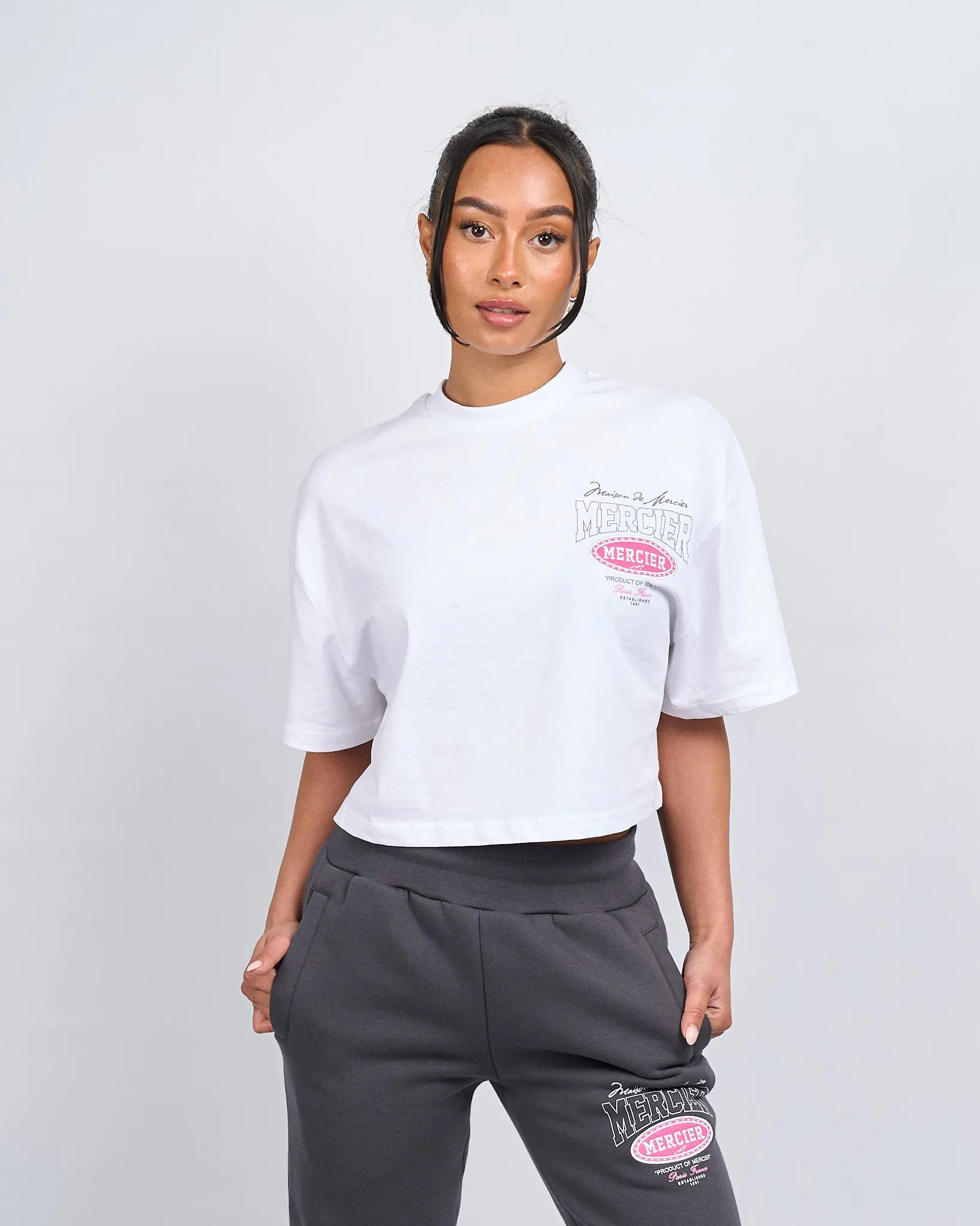 Womens White Pink Multi Tour Cropped Tshirt